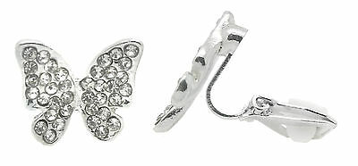 Butterfly Non-Pierced Crystal Silver Stud Diamante Clip On Earrings CZ Cushion