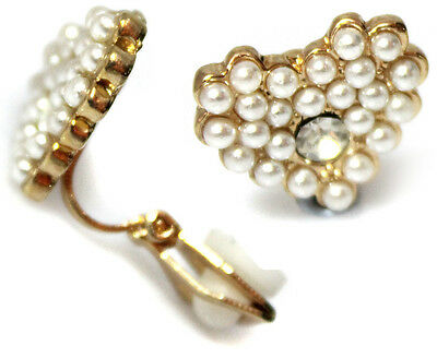 Gold Plated Heart Pearl Crystal Girls Womens CLIP ON Earrings Studs Clipon