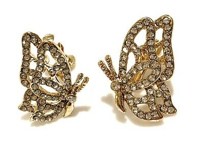 Gold Butterfly Non-Pierced Crystal Stud Diamante Screw Clip On Earrings Gift