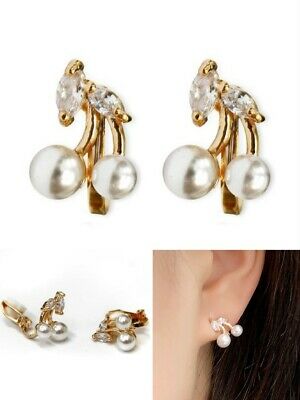 Womens Girls Faux Pearl Cherry Zircon Crystal Gold CLIP ON Earrings Stud Studs