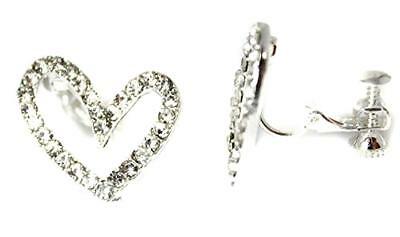 Silver Heart Non-Pierced Crystal Studs Diamante Clip On Earrings CZ Gatsby