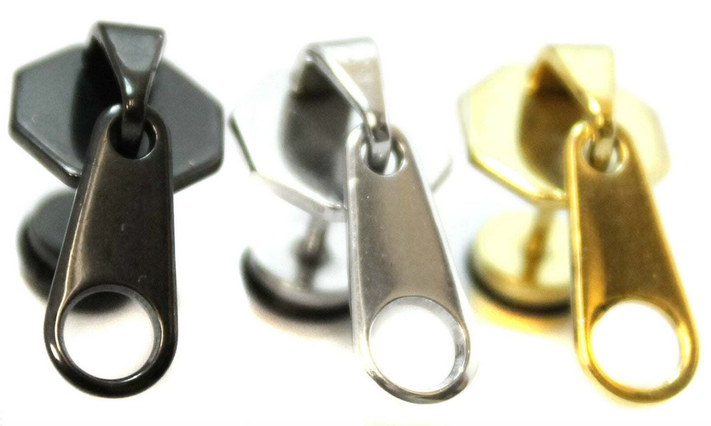 PAIR Zip Zipper Stretcher Gothic Plug Upper Stainless Steel MENS Earrings Fake