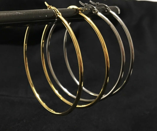 6cm Stainless Steel Hoop Sleepers Earrings - Silver or Gold