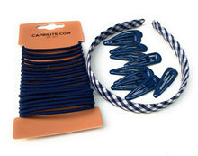 Load image into Gallery viewer, Mega School Hair Accessories Bundle Set - Gingham Checked Headband Clips Bobbles Navy