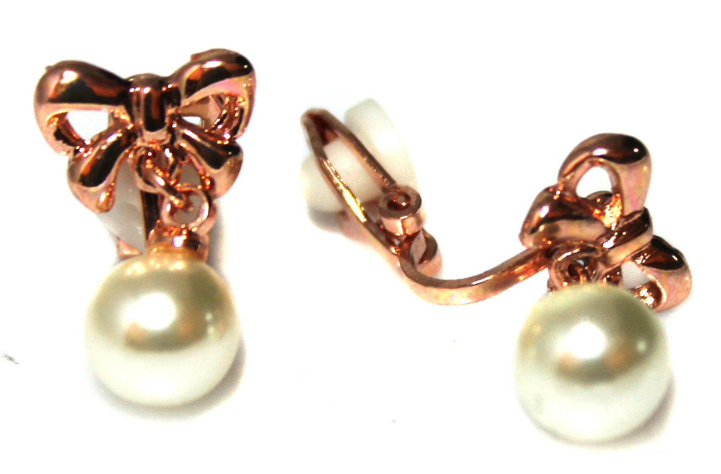 Classic Rose Gold Tone Bow w/ Pearl Drop Girls Womans CLIP ON Earrings