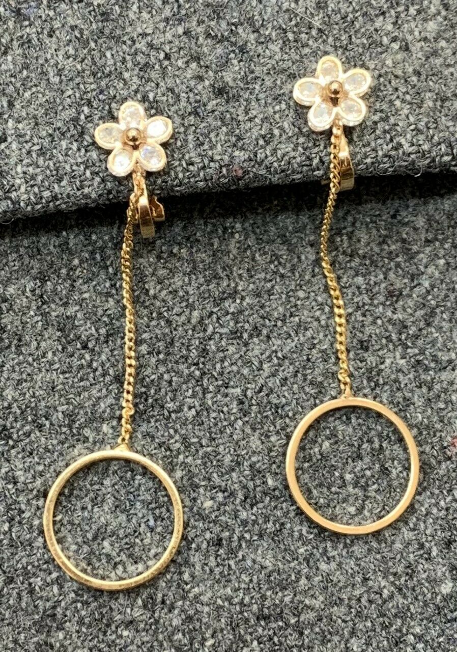 High Quality Gold Zircon Crystal Flower Hoop Drop Long Dangle Clip On Earrings