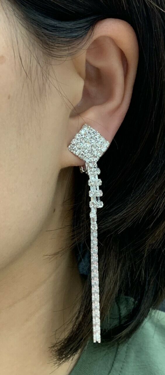 Silver Square Diamante Long Dangle Tassel Clip On Earrings Crystal Non Pierced
