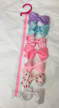Load image into Gallery viewer, 7 Girls Pink Heart Blue White Purple Big Hair Bow Set with Bow Holder &amp; Gift Bag