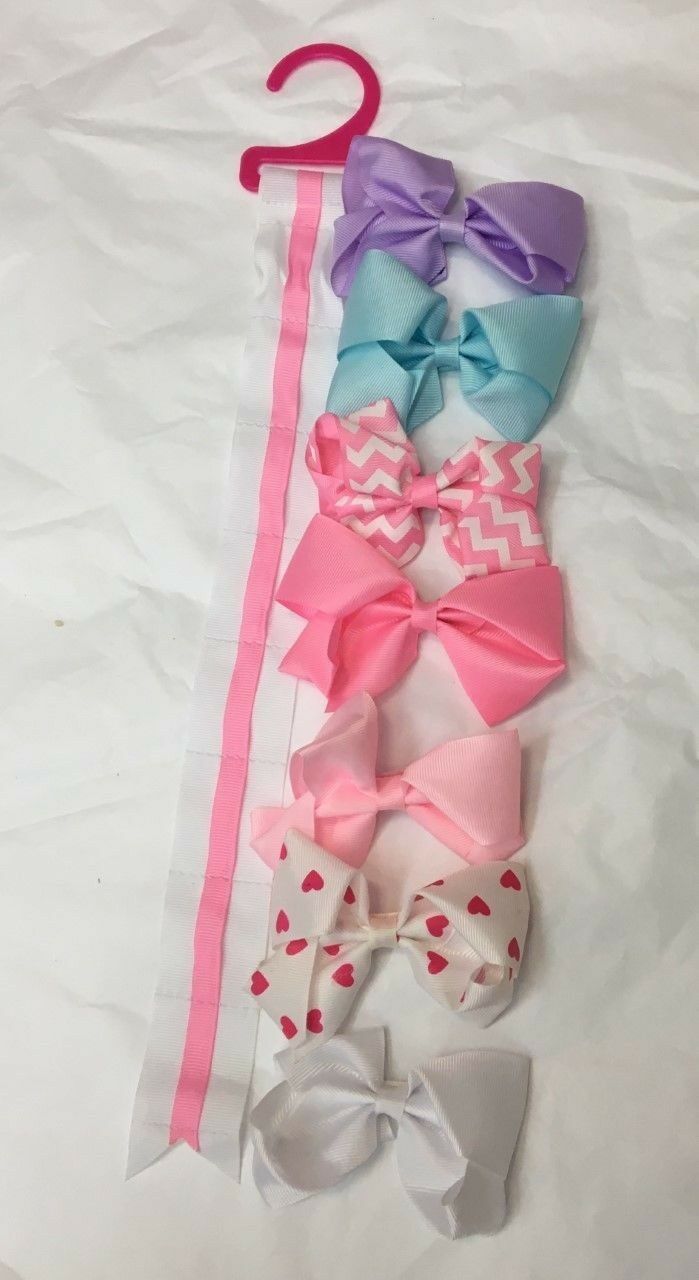 7 Girls Pink Heart Blue White Purple Big Hair Bow Set with Bow Holder & Gift Bag