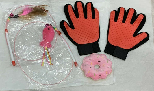 Cat Toy Set - 2 x Fish Feather Wand Pet Grooming Gloves Donut Plush Soft Toys UK