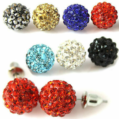 STUD HOOK OR CLIP ON 10mm SHAMBALLA STUD EARRINGS CRYSTAL CLAY DISCO BALL BEADS