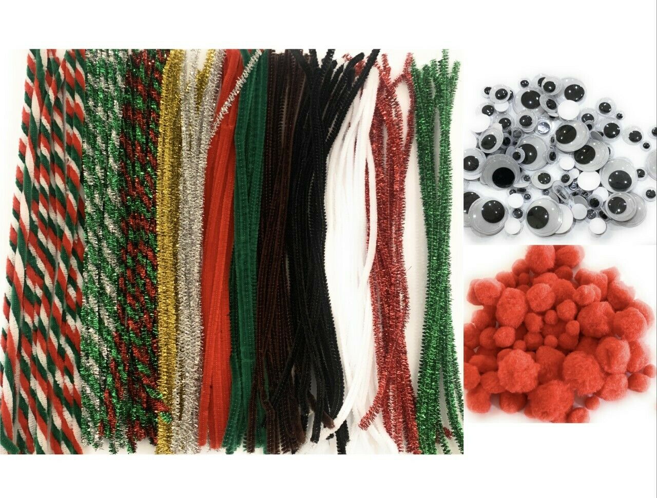 320Pcs Christmas Pipe Cleaners Craft Set Chenille Stems Googly Eyes Red Pom Poms