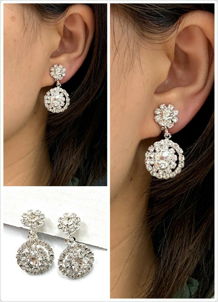 Silver Diamante Drop Dangle Clip On Earrings Crystal Bridal Non Pierced Party UK