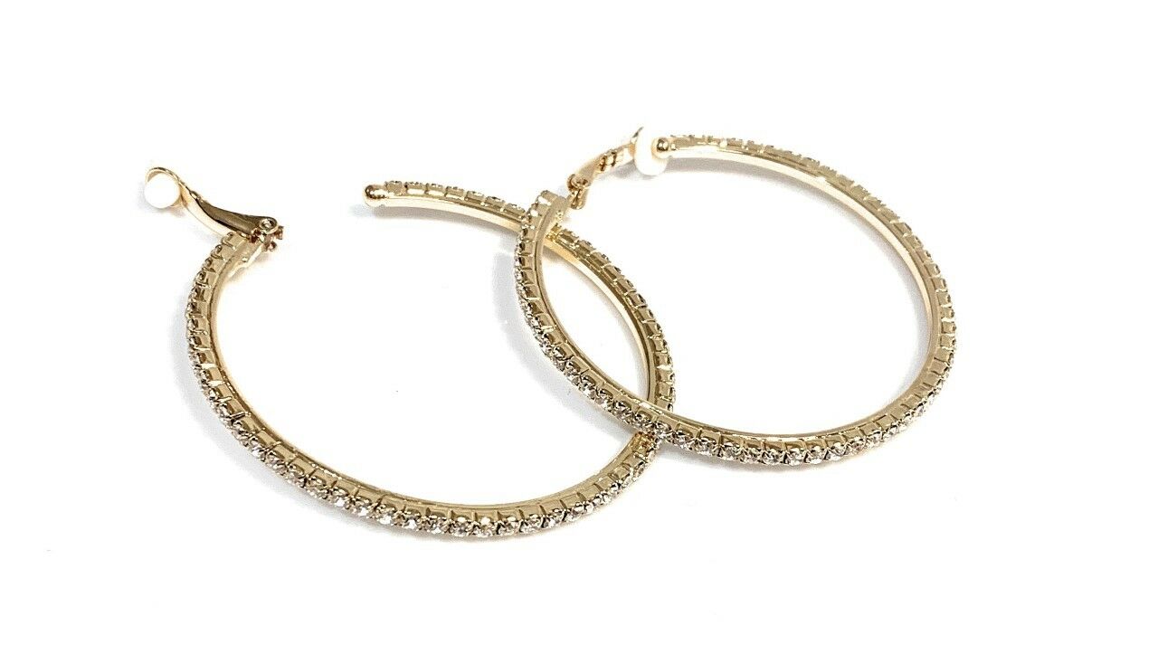 5.5cm Gold CLIP ON Fake Pierce-Look DIAMANTE crystal Hoops Comfy HOOP EARRINGS