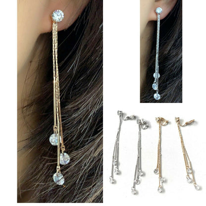 Long Dangle Tassel Clip On Earrings Diamante Zircon Drop Liquid Non Pierce Gift