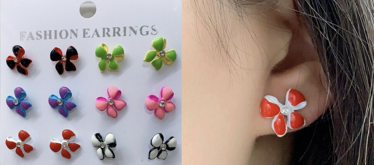6 Pairs of Children's Kids Earrings Studs Set - Crystal Bow Xmas Bday Gift Set