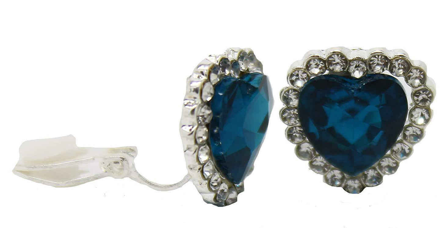 Womens Silver Heart Blue Crystal Stud Diamante Clip On Earrings CZ Ladies