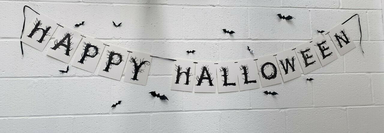 Black White Happy Halloween Bunting w/ 12 3D Bats Party Wall Decoration Bat Set