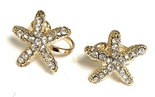 Gold Diamante Starfish U Clips Clip On Earrings Bridal Non Pierced Party UK