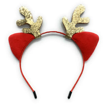 Load image into Gallery viewer, Girls Red Cat Ear Gold Glittery Reindeer Antlers Christmas Deer Ears Headband