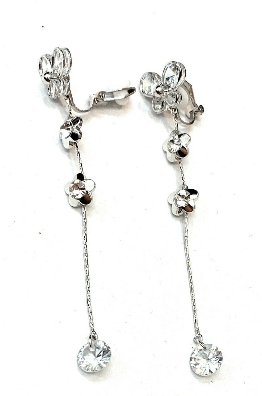 Silver Zircon Crystal Diamante Long Dangle Tassel Clip On Butterfly Earrings