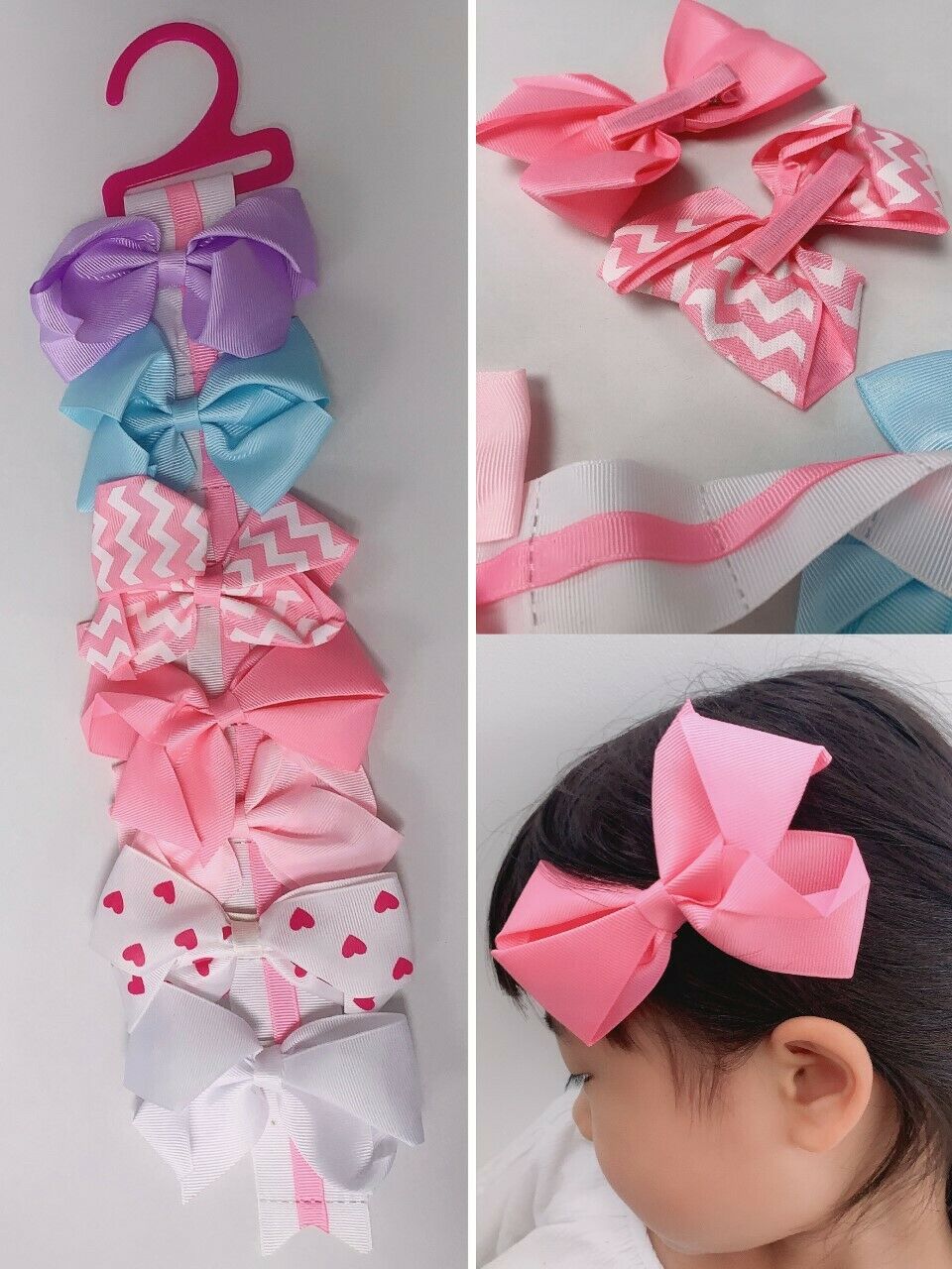 7 x Girls Children's Hair Bows Gift Set with Bow Holder and Dust Bag