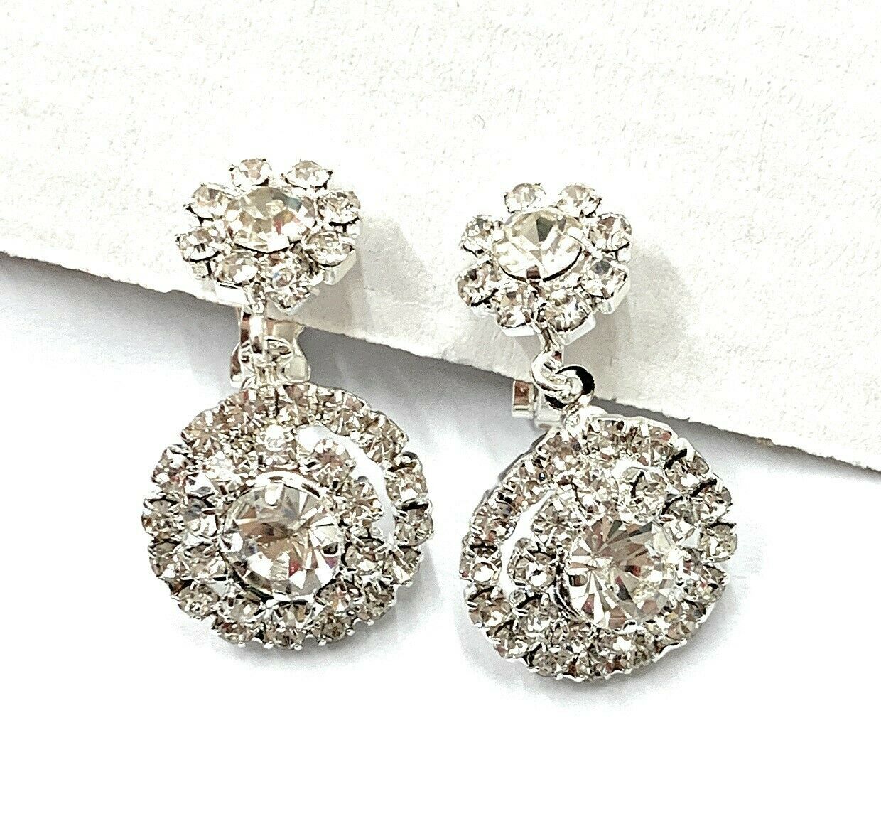 Silver Diamante Drop Dangle Clip On Earrings Crystal Bridal Non Pierced Party UK