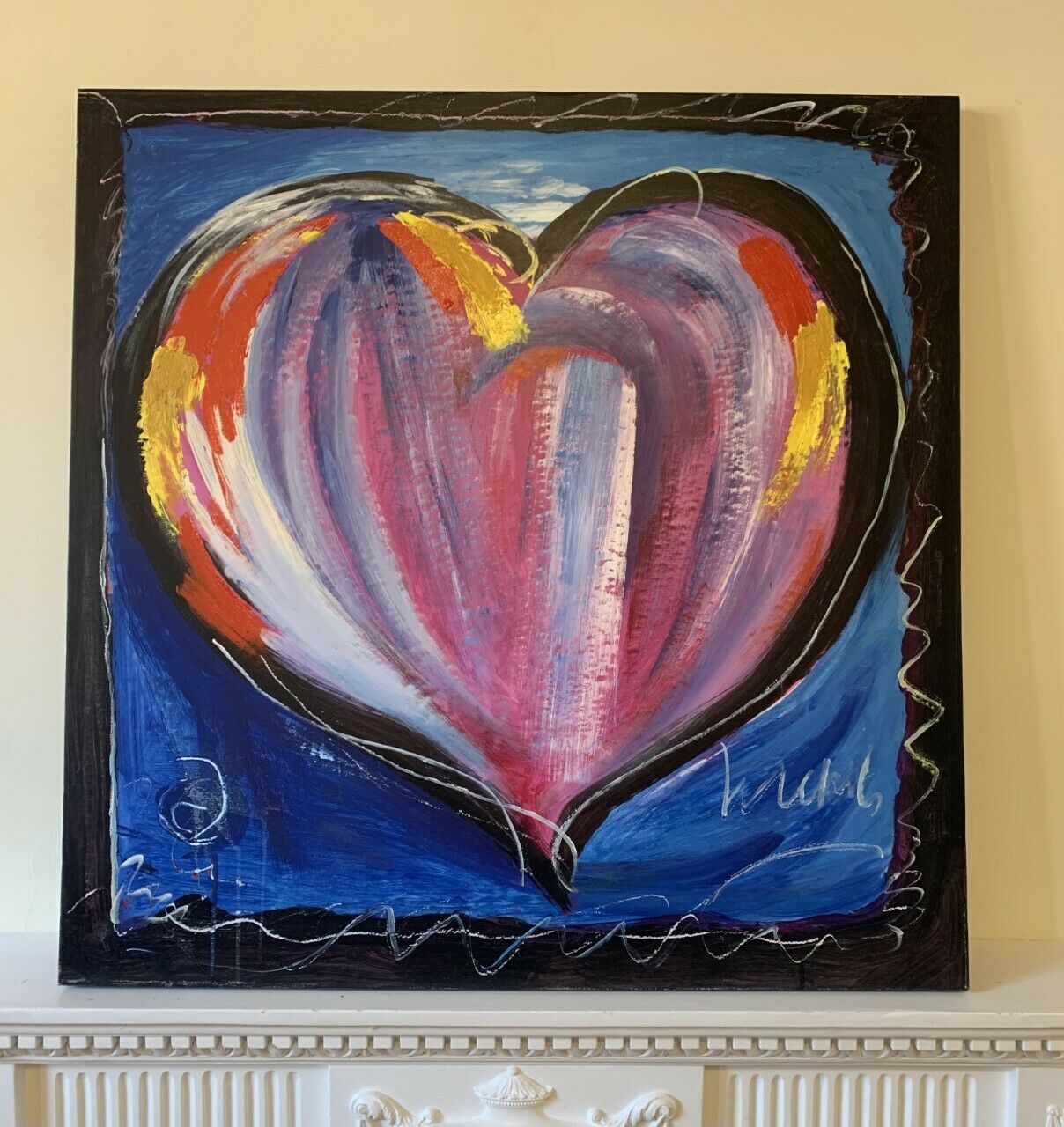 Large Stretched 80cm x 80cm Oil Painting on Canvas Wall Art Blue Heart Love UK