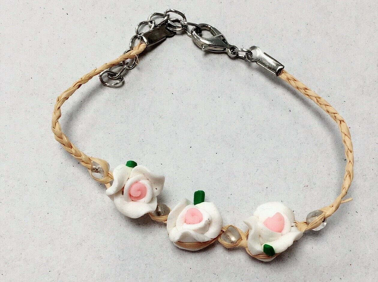 Girls Kids Adjustable Bracelet Clay Rose Stone Beads Glass Cherry Charm Fruit