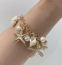Load image into Gallery viewer, Gold Sea Shell Faux Pearl Beads Starfish Charms Statement Bracelet Chain Gift UK