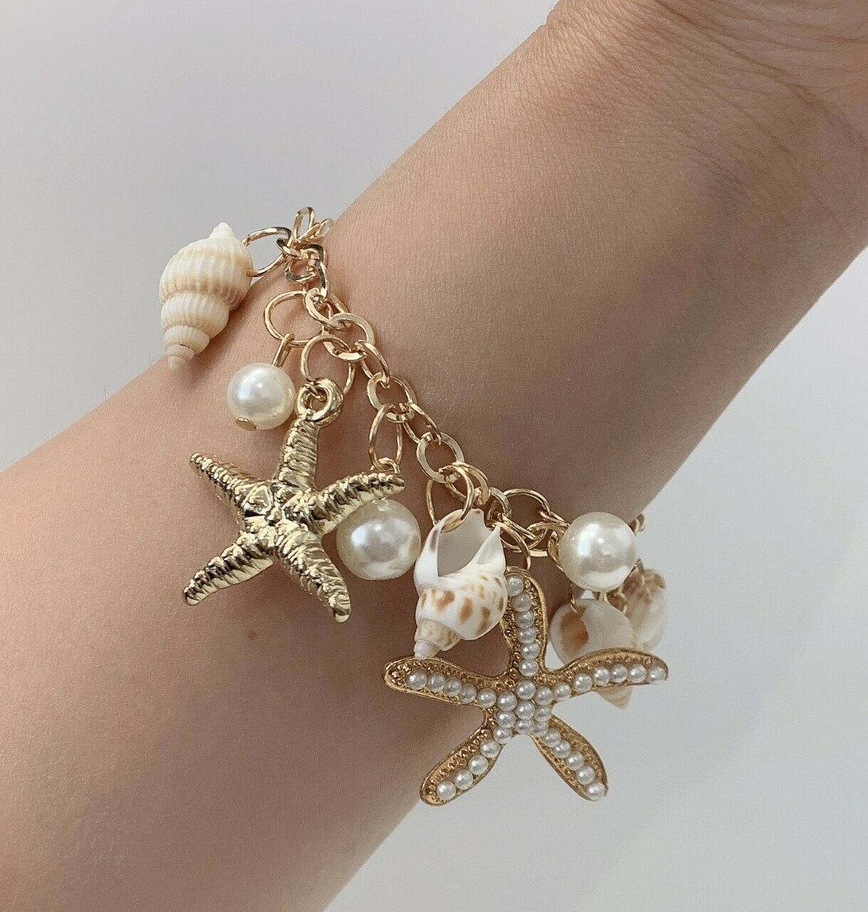 Gold Sea Shell Faux Pearl Beads Starfish Charms Statement Bracelet Chain Gift UK