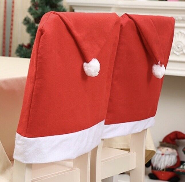 2 x (A Pair) Christmas Santa Hat Dining Chair Back Covers Xmas Party Decorations