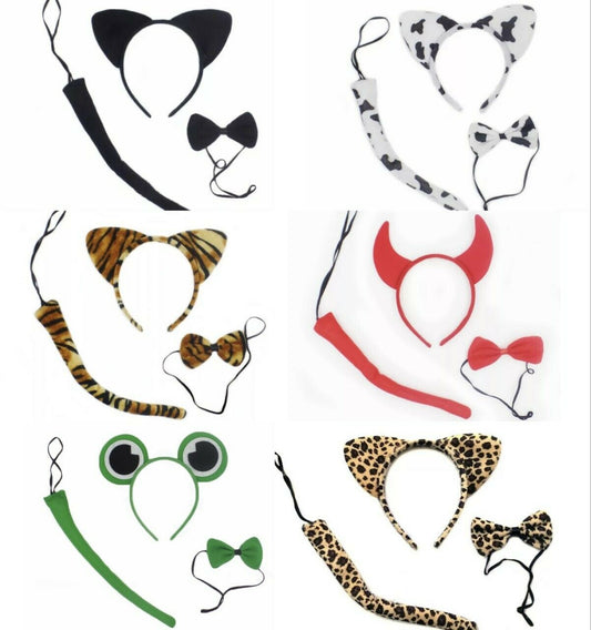 Animal Costume Ears Tail Bow Tie SET Headband Kids SCHOOL PLAY DRAMA FANCY DRESS