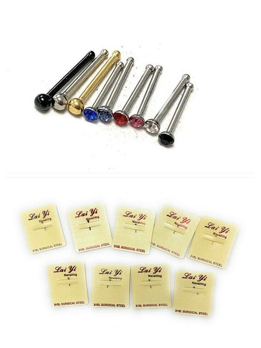Surgical Stainless Steel Crystal Nose Stud Pin Bone Straight Piercing 0.6mm Bar