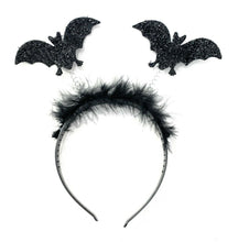 Load image into Gallery viewer, Black Feather Tinsel Spider / Bat Antennae Boppers Halloween Party Headband UK