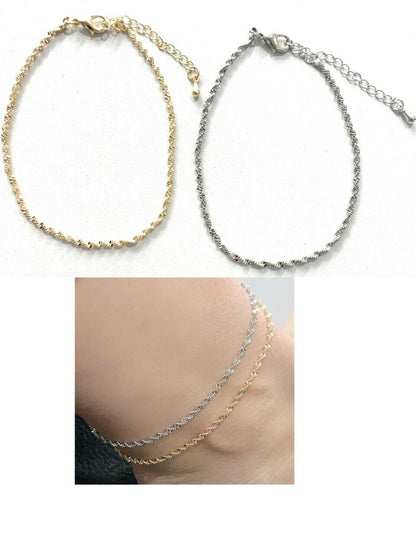 Classic Adjustable Twisted Anklet Foot Chain Ankle Bracelet - Silver or Gold