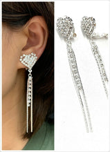 Load image into Gallery viewer, Silver Heart Diamante Long Dangle Tassel Clip On Earrings Crystal Non Pierced UK