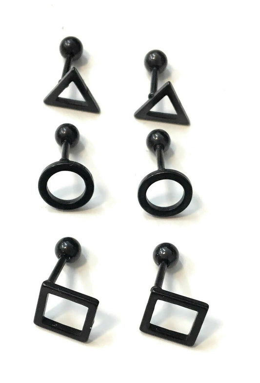 Mens Stainless Steel Earrings Studs - Screw On Geometric Designs Black or Silver