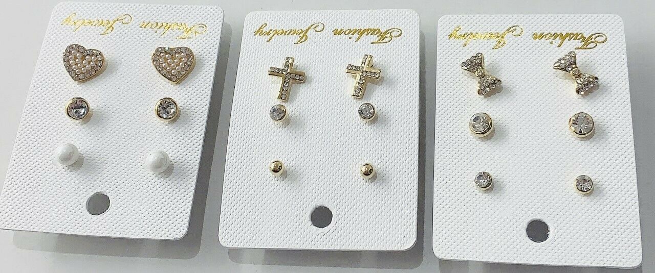 3 Pairs Gold Earrings Set Rhinestone Crystal Pearl Ear Stud Ladies Studs Quality