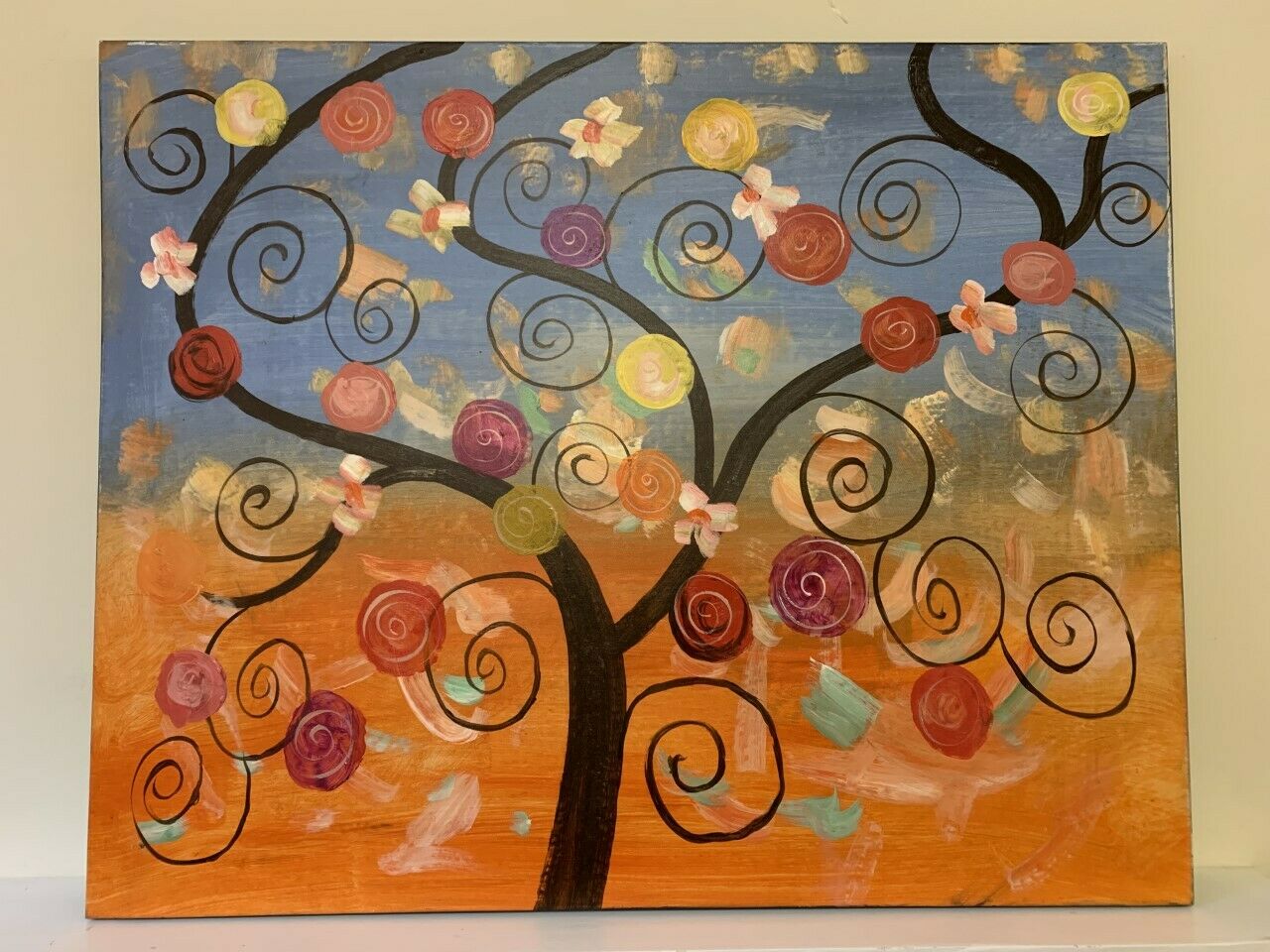 Large Framed 80cm x 100cm Oil Painting on Canvas Art Abstract Tree Circle Swirls