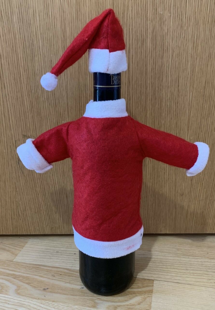 Red Christmas Santa Dress Hat Outfit as Wine Bottle Cover - Fits Barbie Dolls