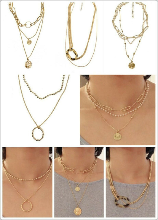 Girls Multi-layer Gold Coin Pendant Fashion Necklace Choker Pearl Chain Leopard