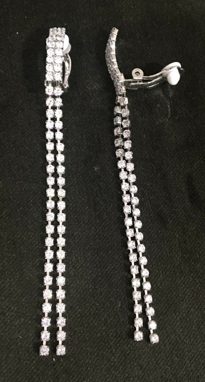 CLIP ON 3.2" Long RHINESTONE Sparkly Tassel Earrings Diamante Chandelier 8.5cm