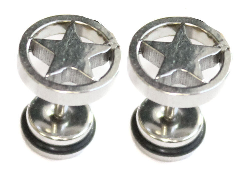 PAIR Mens Star Surgical Stainless Steel Faker Plug Stretcher Stud Earrings