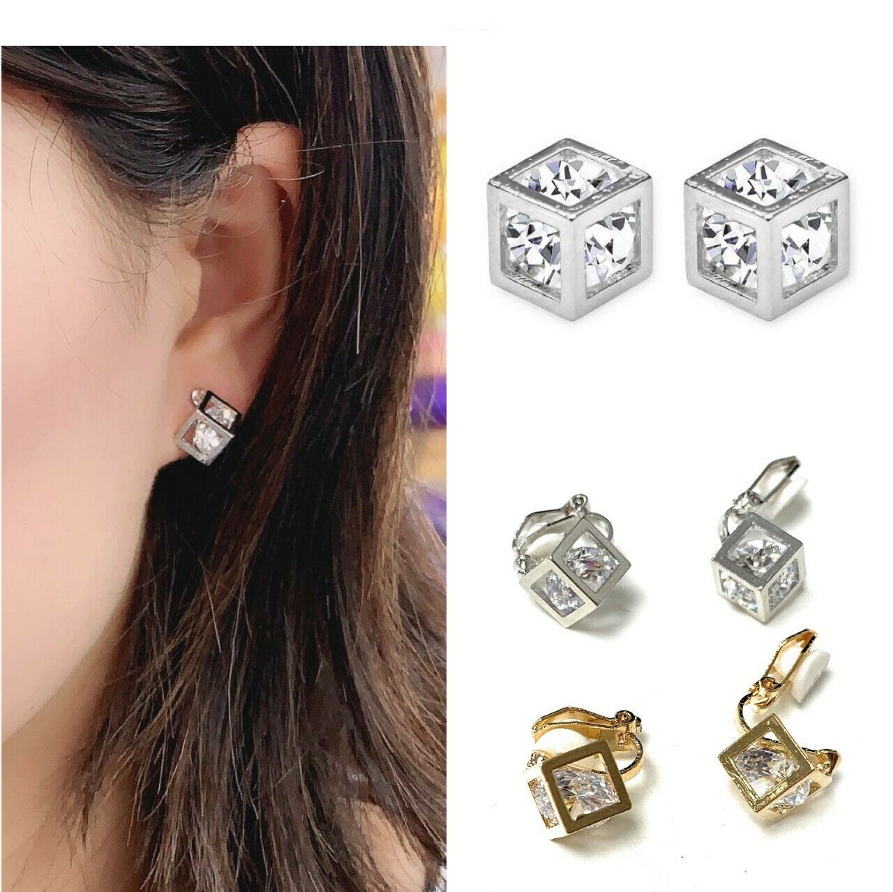 Girls Women's High Quality Sparkly Zircon Crystal Clip On Earrings Studs Gift UK