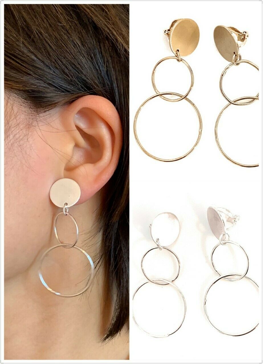 High Quality Clip On Dangle Hoop Earrings - Copper Hoops - Silver / Vintage Gold
