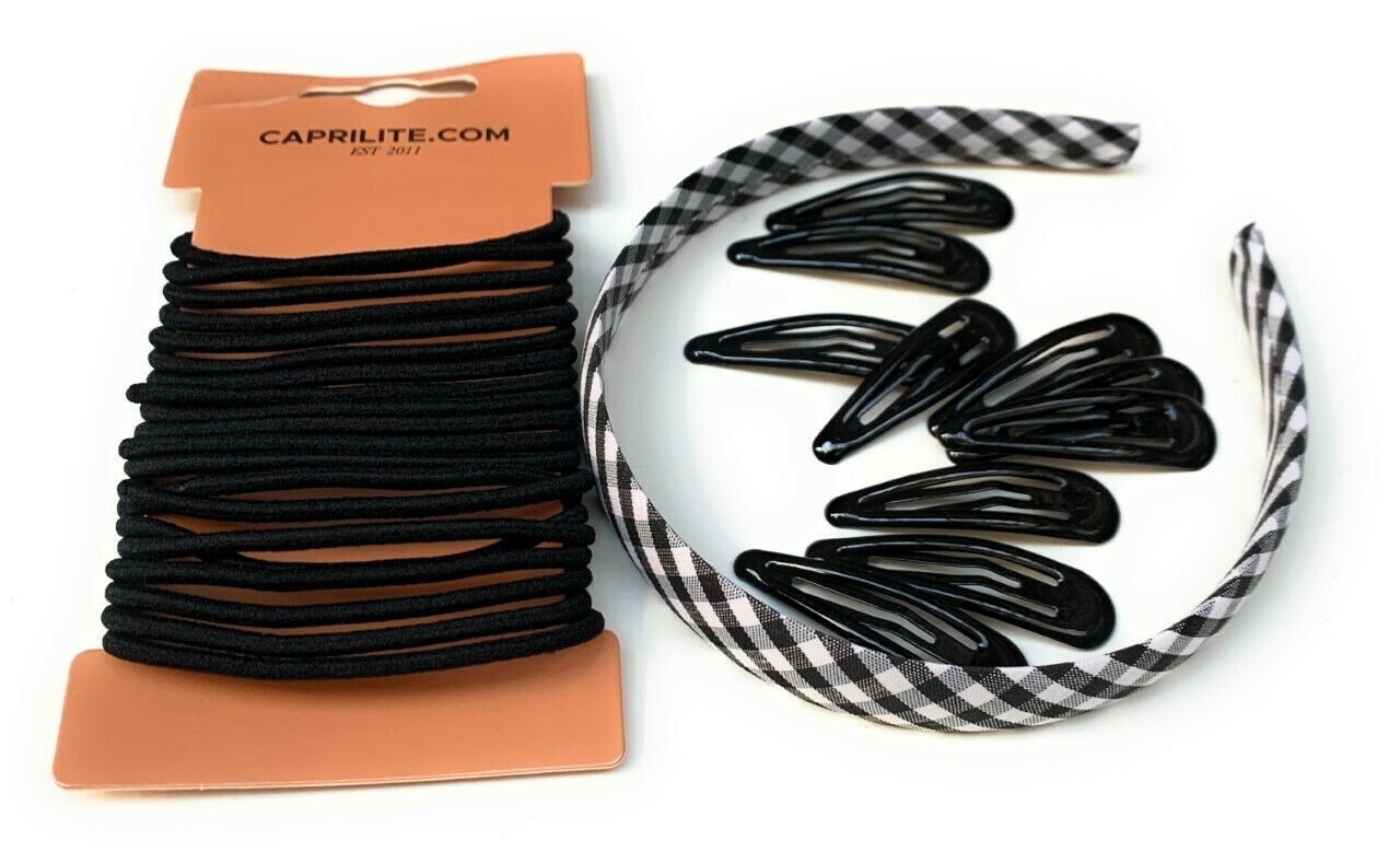 Mega School Hair Accessories Bundle Set - Gingham Checked Headband Clips Bobbles Black