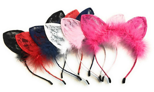 Cat Ear Rabbit Headband Lace Fluffy Feather Hairband Costume Fancy Cosplay Party