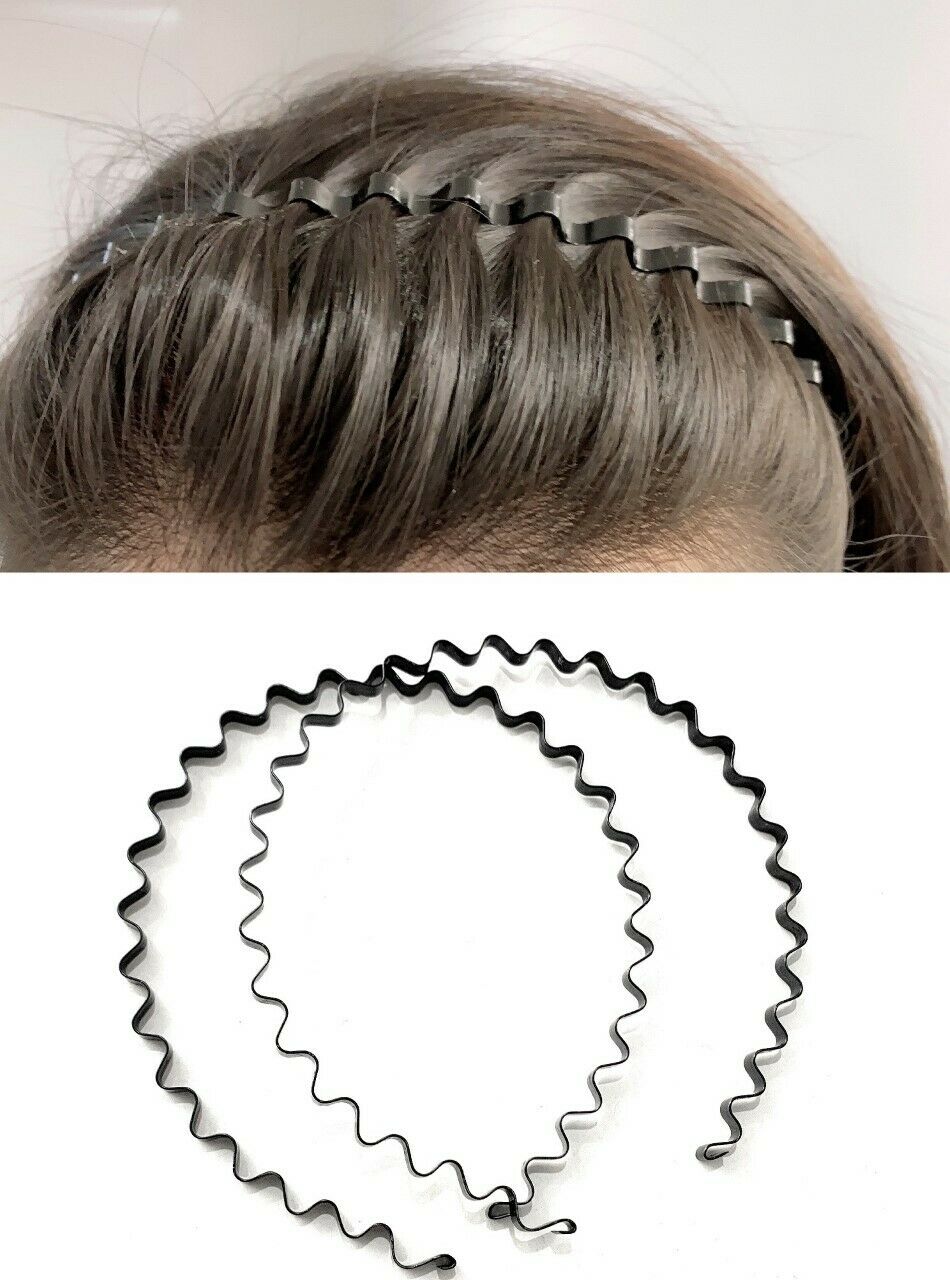 2 x Black Metal Sports Headband Noodle Wave Alice Hairband Unisex Men Women Set
