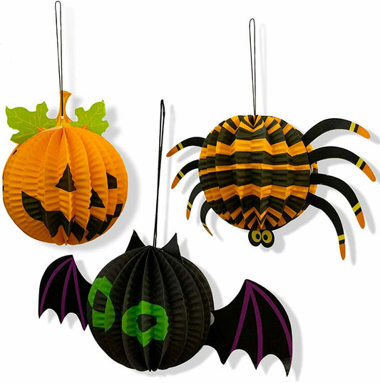 3 x Halloween Paper 3D Hanging Decorations Set Spider Bat Pumpkin UK